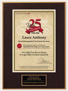 Martindale-Hubbell Distinguished 25 years 1996–2021 | Laura Anthony | very high peer review rating in legal ability and ethical standards